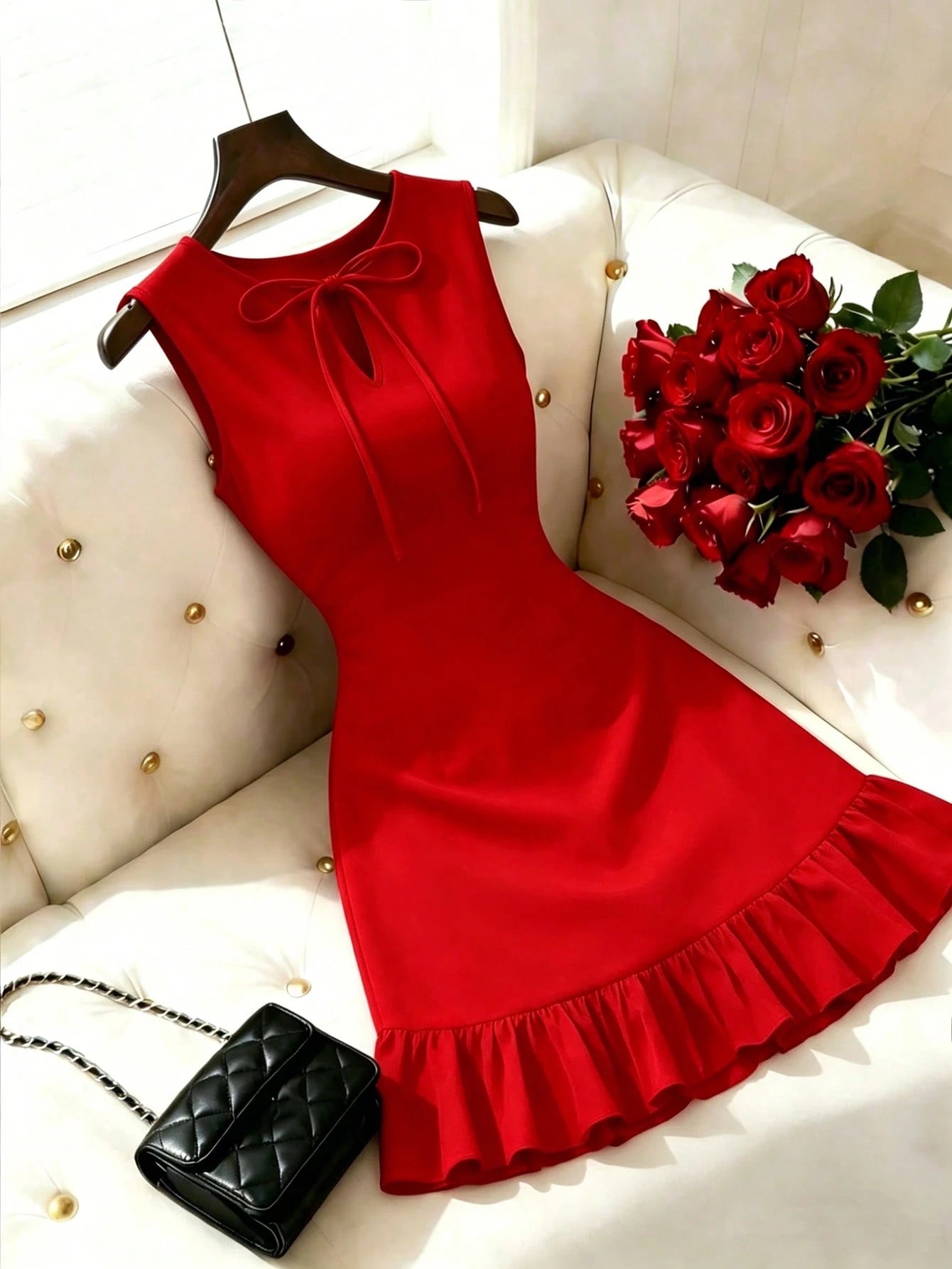 Elenzga Women Black Summer Elegant Round Neck Bowknot Design Sleeveless Fitted Hem Splice Pleated Mini Dress,Versatile Commuting Date Party Refined Dress