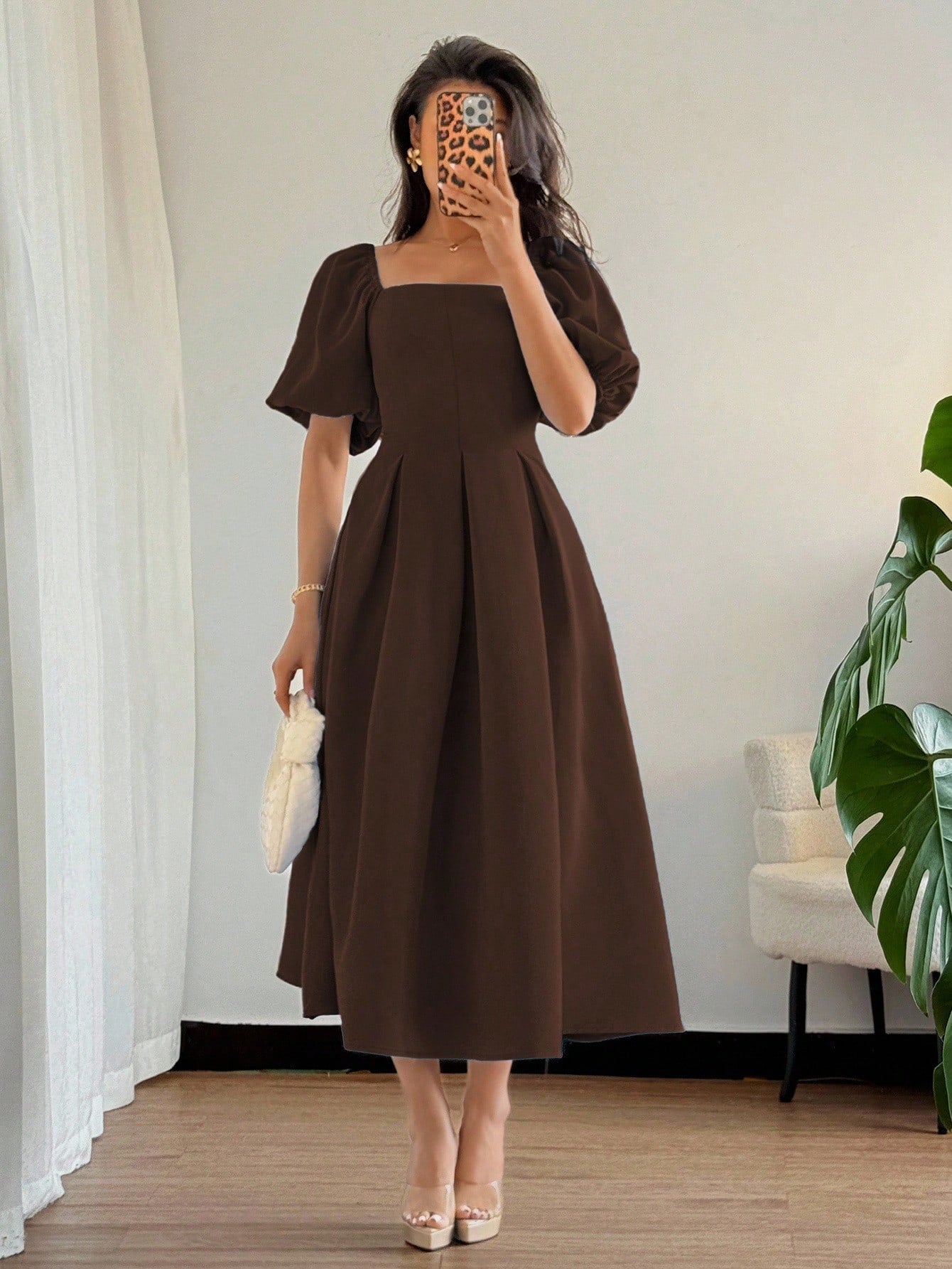 Elenzga Women Elegant Minimalist Coffee Brown A-Line Dress,Puff Sleeves Pleated Hem Autumn Solid Dress For Commute,Office,Business,Tea Party,Casual,Vacation