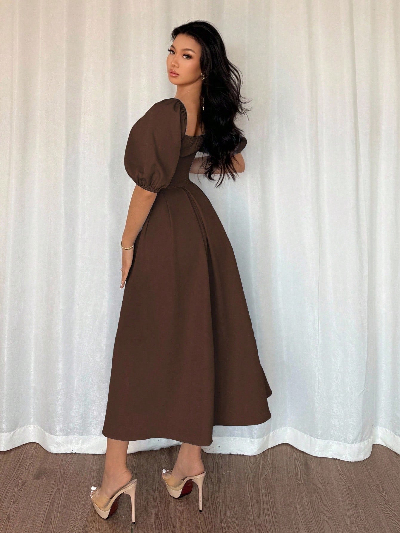 Elenzga Women Elegant Minimalist Coffee Brown A-Line Dress,Puff Sleeves Pleated Hem Autumn Solid Dress For Commute,Office,Business,Tea Party,Casual,Vacation