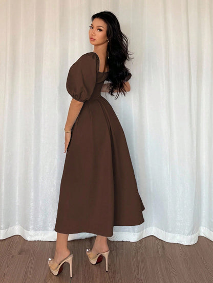 Elenzga Women Elegant Minimalist Coffee Brown A-Line Dress,Puff Sleeves Pleated Hem Autumn Solid Dress For Commute,Office,Business,Tea Party,Casual,Vacation