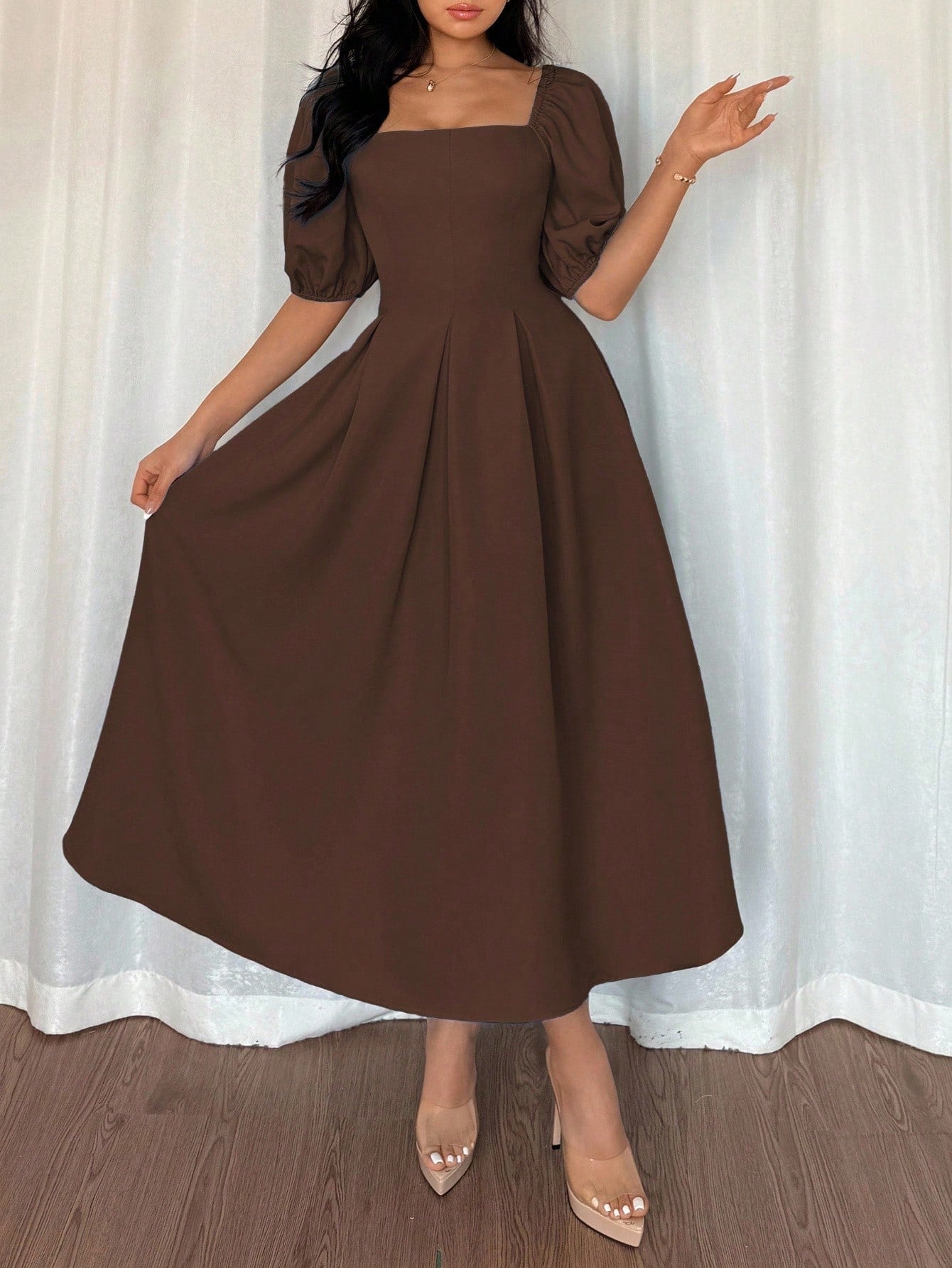 Elenzga Women Elegant Minimalist Coffee Brown A-Line Dress,Puff Sleeves Pleated Hem Autumn Solid Dress For Commute,Office,Business,Tea Party,Casual,Vacation