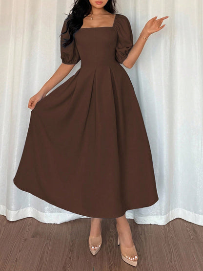 Elenzga Women Elegant Minimalist Coffee Brown A-Line Dress,Puff Sleeves Pleated Hem Autumn Solid Dress For Commute,Office,Business,Tea Party,Casual,Vacation