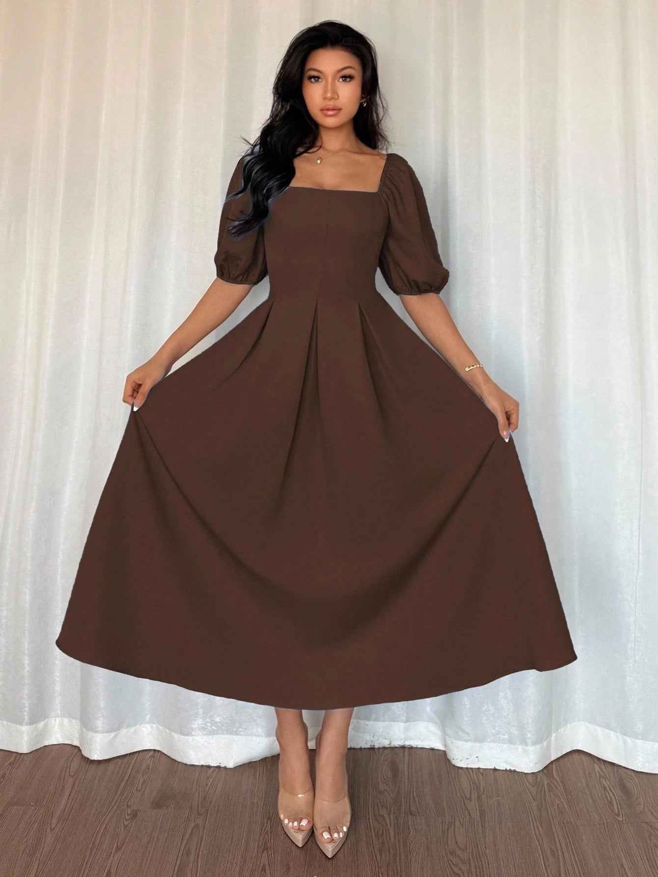 Elenzga Women Elegant Minimalist Coffee Brown A-Line Dress,Puff Sleeves Pleated Hem Autumn Solid Dress For Commute,Office,Business,Tea Party,Casual,Vacation