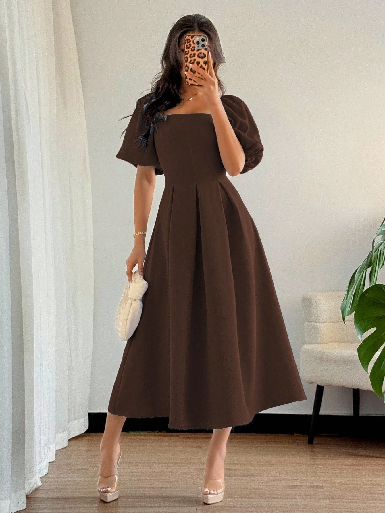 Elenzga Women Elegant Minimalist Coffee Brown A-Line Dress,Puff Sleeves Pleated Hem Autumn Solid Dress For Commute,Office,Business,Tea Party,Casual,Vacation