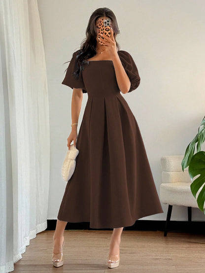 Elenzga Women Elegant Minimalist Coffee Brown A-Line Dress,Puff Sleeves Pleated Hem Autumn Solid Dress For Commute,Office,Business,Tea Party,Casual,Vacation