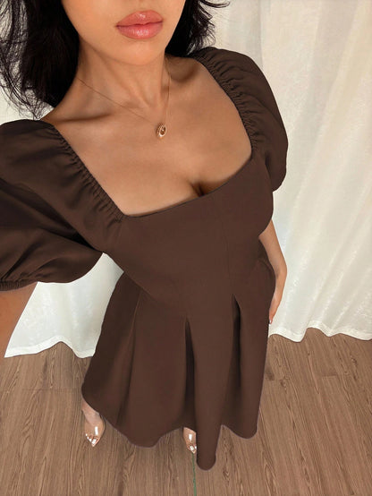 Elenzga Women Elegant Minimalist Coffee Brown A-Line Dress,Puff Sleeves Pleated Hem Autumn Solid Dress For Commute,Office,Business,Tea Party,Casual,Vacation