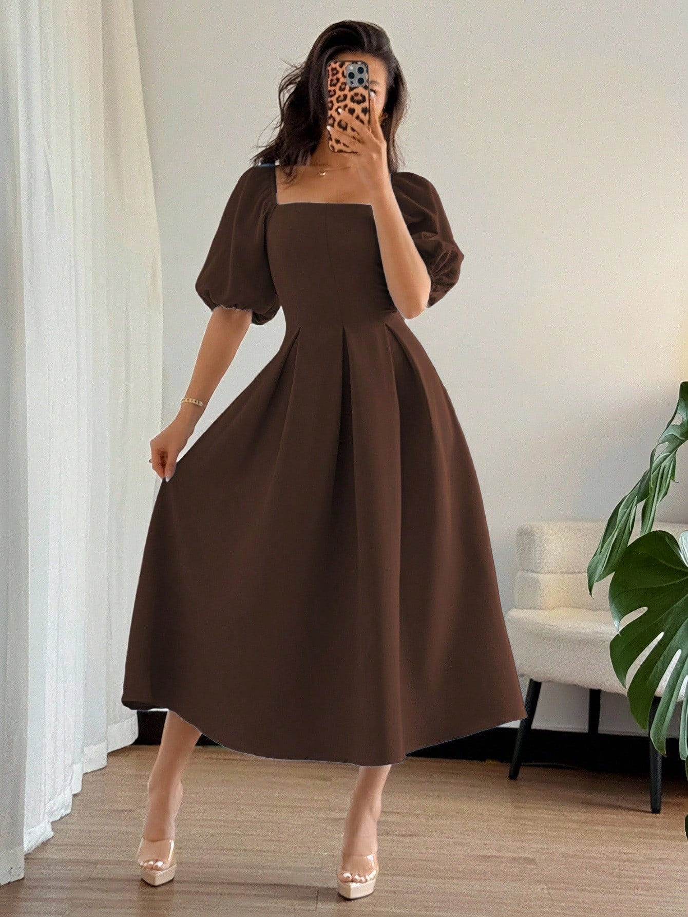 Elenzga Women Elegant Minimalist Coffee Brown A-Line Dress,Puff Sleeves Pleated Hem Autumn Solid Dress For Commute,Office,Business,Tea Party,Casual,Vacation