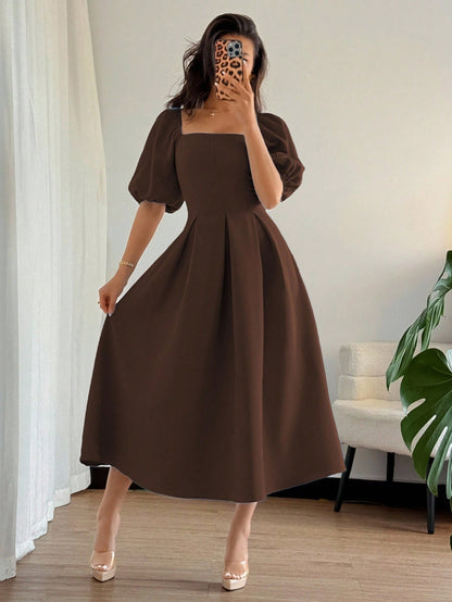 Elenzga Women Elegant Minimalist Coffee Brown A-Line Dress,Puff Sleeves Pleated Hem Autumn Solid Dress For Commute,Office,Business,Tea Party,Casual,Vacation