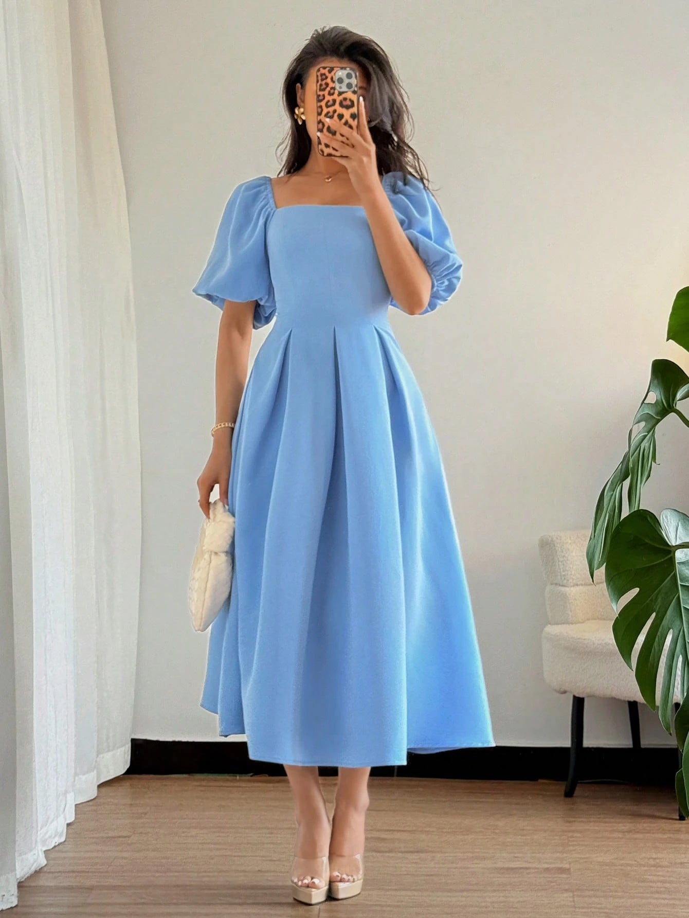 Elenzga Women Elegant Minimalist Coffee Brown A-Line Dress,Puff Sleeves Pleated Hem Autumn Solid Dress For Commute,Office,Business,Tea Party,Casual,Vacation