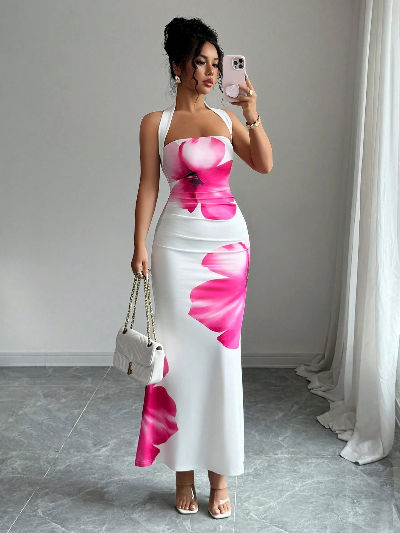 Elenzga Women's 2025 Summer Halter Tie Waist Fitted Midi Floral Print Dress