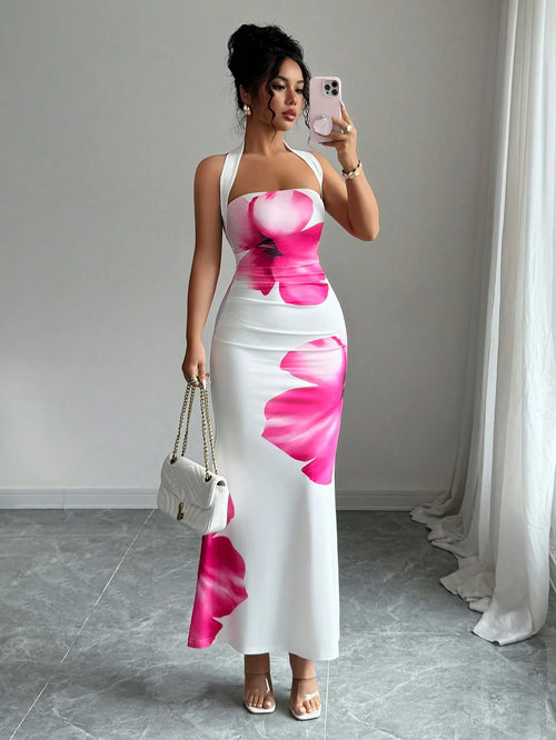 Elenzga Women's 2025 Summer Halter Tie Waist Fitted Midi Floral Print Dress