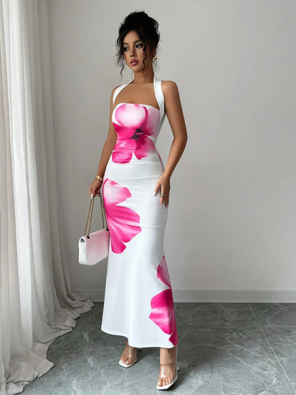 Elenzga Women's 2025 Summer Halter Tie Waist Fitted Midi Floral Print Dress