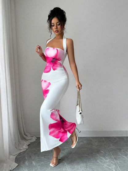 Elenzga Women's 2025 Summer Halter Tie Waist Fitted Midi Floral Print Dress