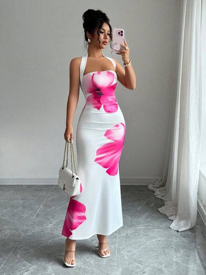 Elenzga Women's 2025 Summer Halter Tie Waist Fitted Midi Floral Print Dress