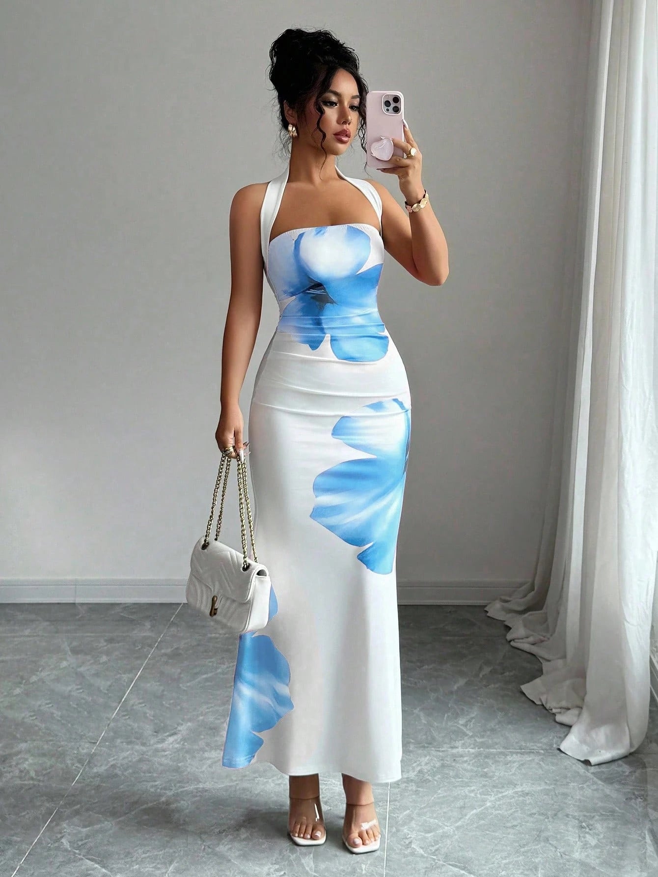 Elenzga Women's 2025 Summer Halter Tie Waist Fitted Midi Floral Print Dress