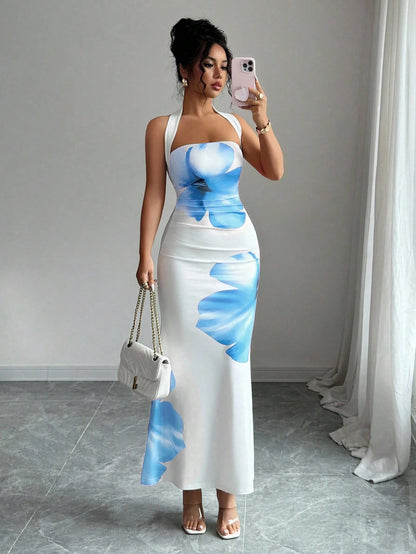 Elenzga Women's 2025 Summer Halter Tie Waist Fitted Midi Floral Print Dress