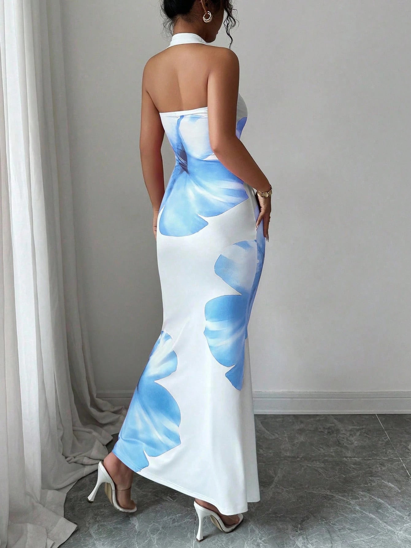 Elenzga Women's 2025 Summer Halter Tie Waist Fitted Midi Floral Print Dress