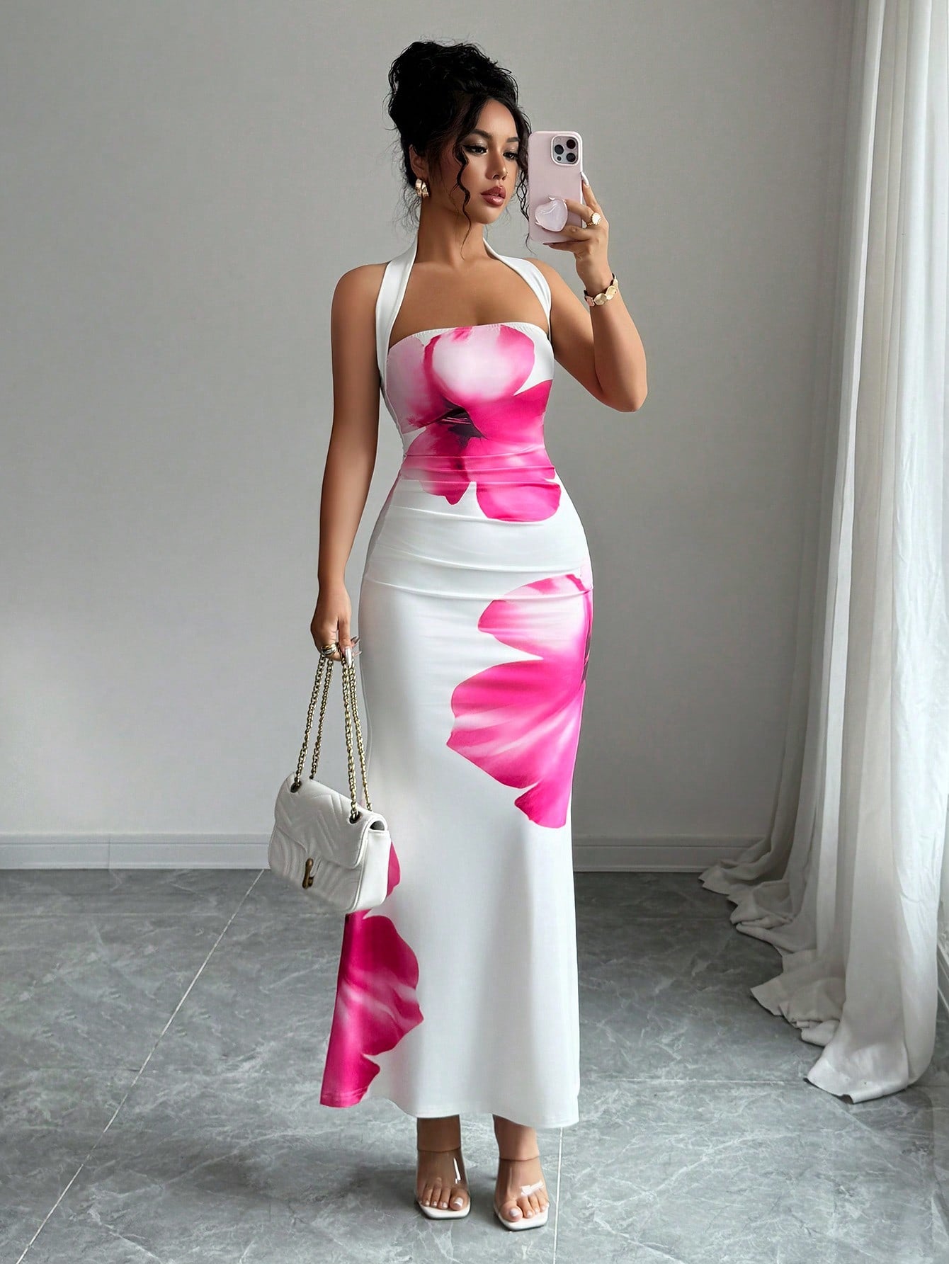 Elenzga Women's 2025 Summer Halter Tie Waist Fitted Midi Floral Print Dress