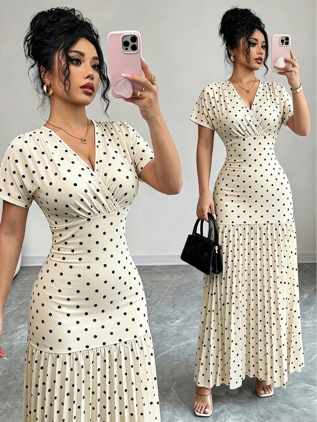 Elenzga Women's Apricot Black White Polka Dot,Summer,Elegant,Tea Party V-Neck Short Sleeve Patchwork Pleated Dress,Sophisticated Birthday Gift,Date,Party