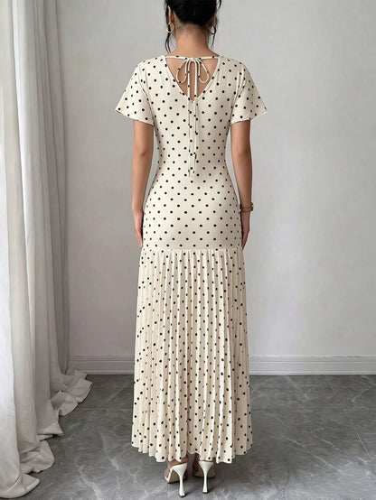 Elenzga Women's Apricot Black White Polka Dot,Summer,Elegant,Tea Party V-Neck Short Sleeve Patchwork Pleated Dress,Sophisticated Birthday Gift,Date,Party