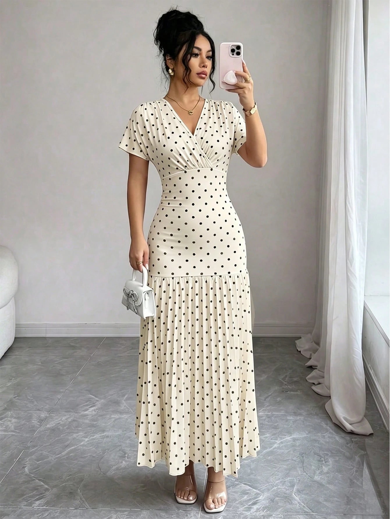 Elenzga Women's Apricot Black White Polka Dot,Summer,Elegant,Tea Party V-Neck Short Sleeve Patchwork Pleated Dress,Sophisticated Birthday Gift,Date,Party