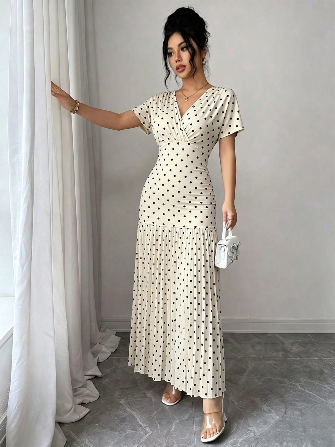 Elenzga Women's Apricot Black White Polka Dot,Summer,Elegant,Tea Party V-Neck Short Sleeve Patchwork Pleated Dress,Sophisticated Birthday Gift,Date,Party