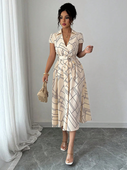 Elenzga Women's Apricot Geometric Striped Print Cinched Waist Waist Elegant Midi Dress