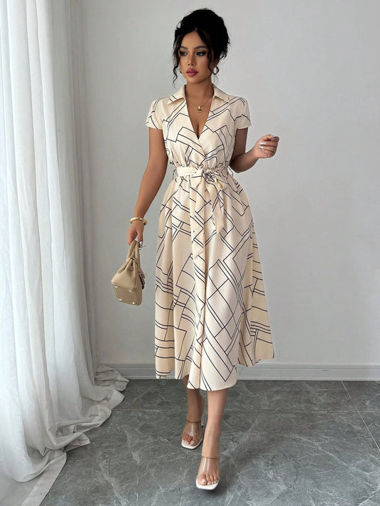 Elenzga Women's Apricot Geometric Striped Print Cinched Waist Waist Elegant Midi Dress