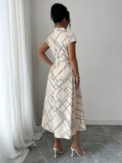 Elenzga Women's Apricot Geometric Striped Print Cinched Waist Waist Elegant Midi Dress
