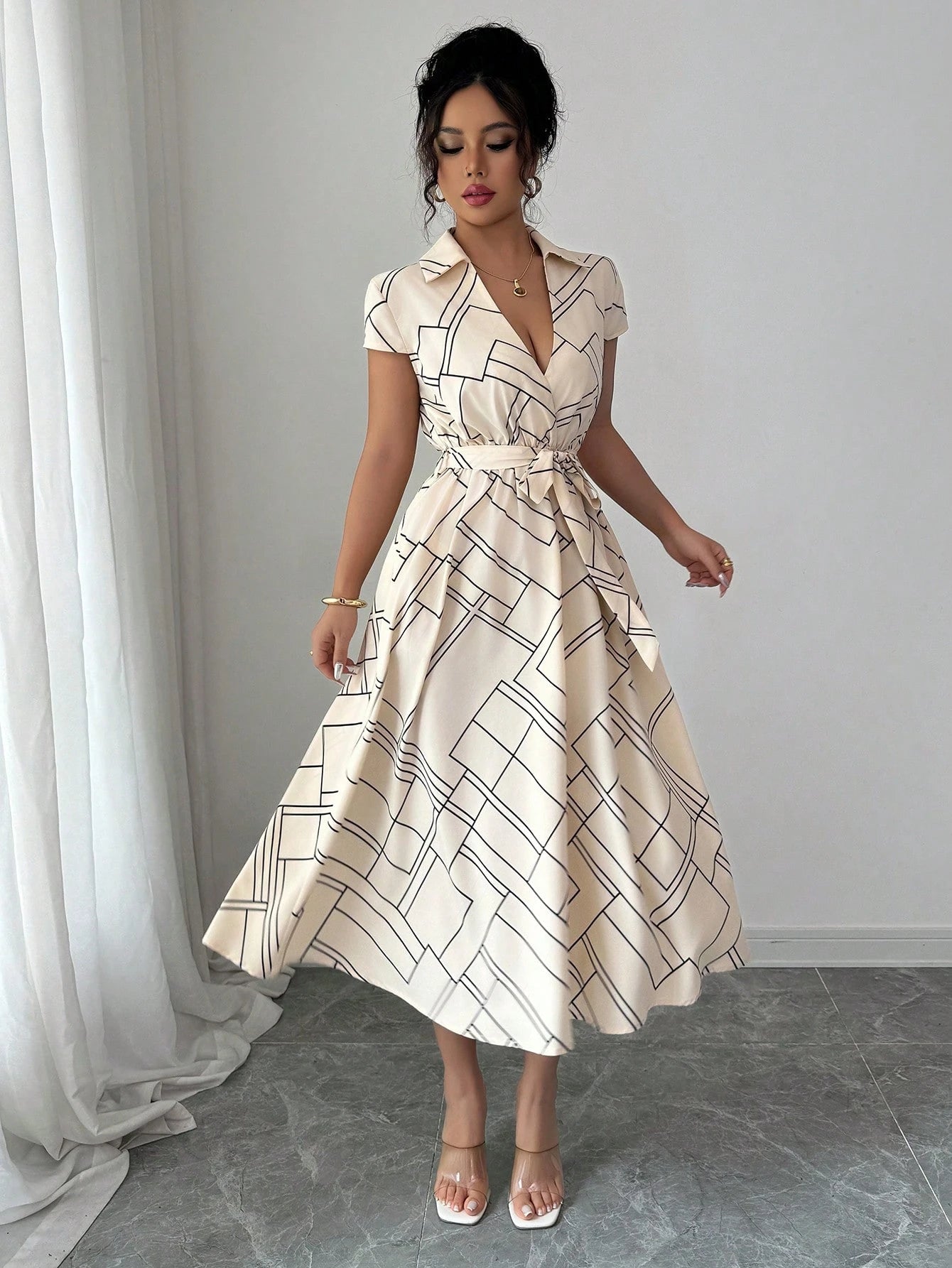 Elenzga Women's Apricot Geometric Striped Print Cinched Waist Waist Elegant Midi Dress