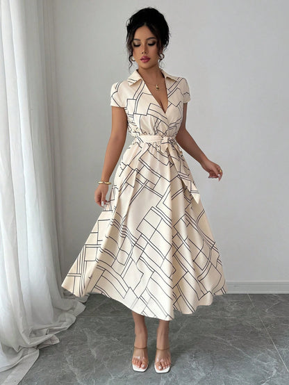 Elenzga Women's Apricot Geometric Striped Print Cinched Waist Waist Elegant Midi Dress