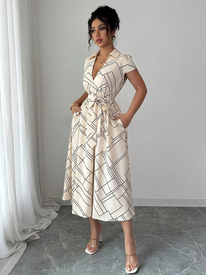 Elenzga Women's Apricot Geometric Striped Print Cinched Waist Waist Elegant Midi Dress