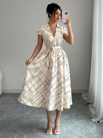 Elenzga Women's Apricot Geometric Striped Print Cinched Waist Waist Elegant Midi Dress