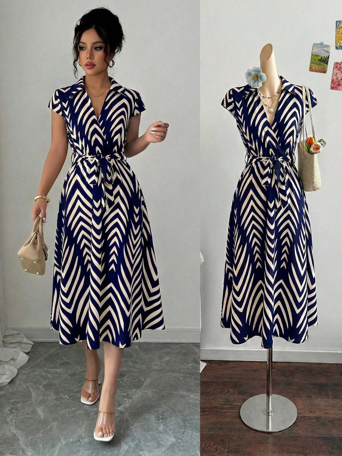 Elenzga Women's Apricot Geometric Striped Print Cinched Waist Waist Elegant Midi Dress