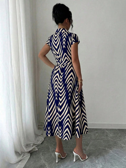 Elenzga Women's Apricot Geometric Striped Print Cinched Waist Waist Elegant Midi Dress