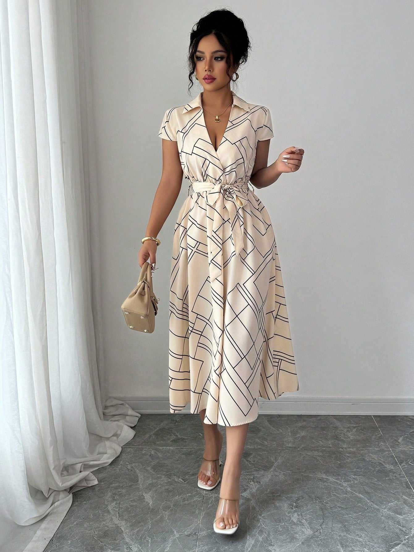 Elenzga Women's Apricot Geometric Striped Print Cinched Waist Waist Elegant Midi Dress