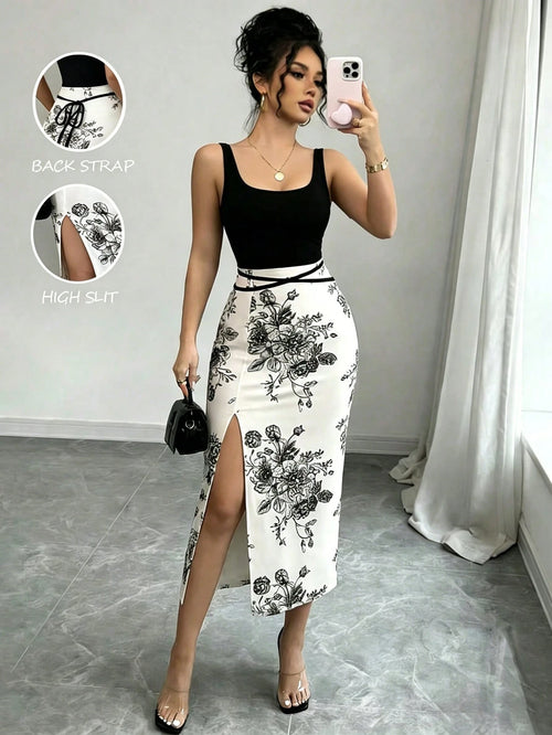 Elenzga Women's Black Floral High Slit Scoop Neck Sleeveless Dress Birthday Party Summer Sexy Elegant