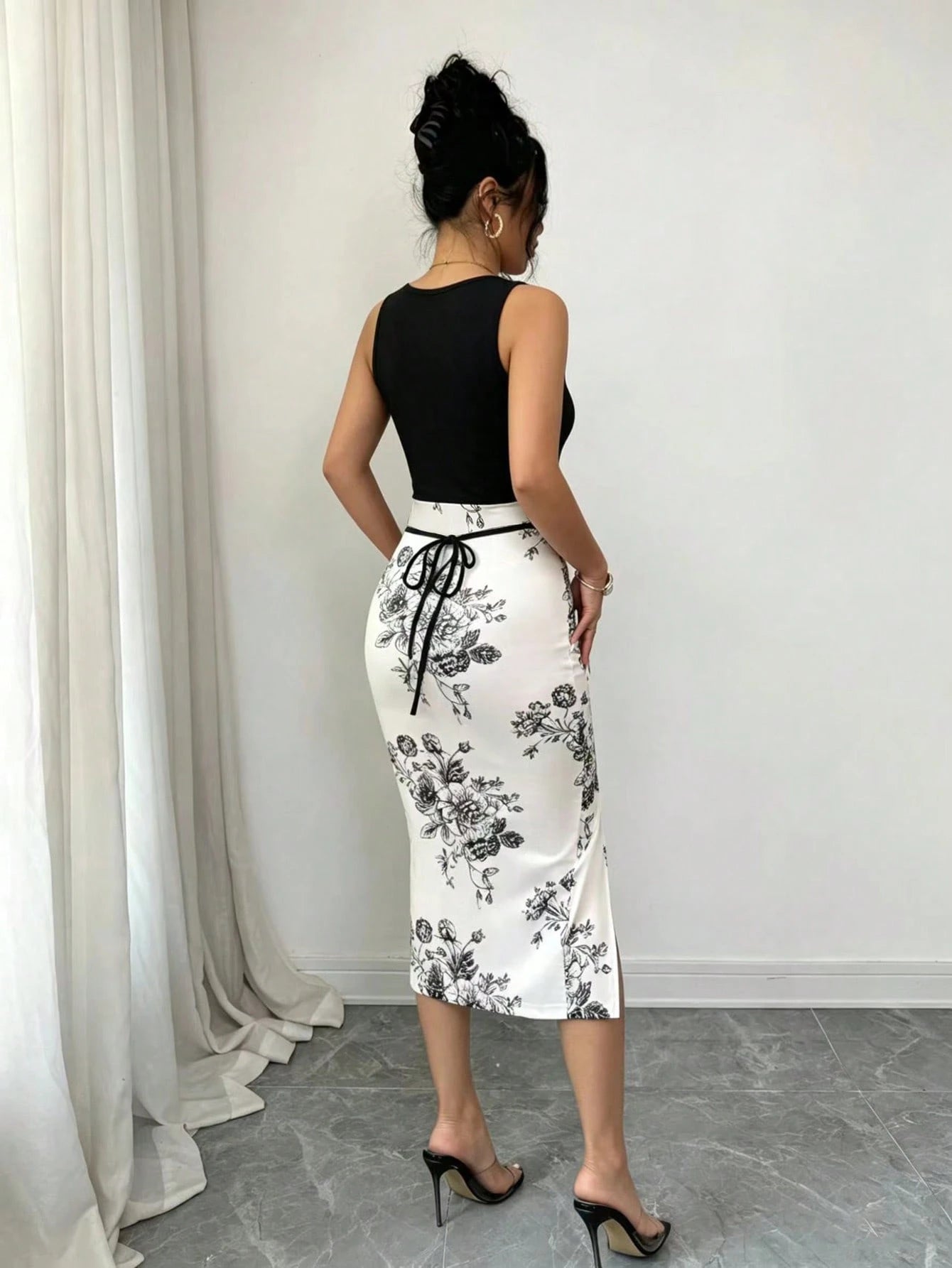 Elenzga Women's Black Floral High Slit Scoop Neck Sleeveless Dress Birthday Party Summer Sexy Elegant
