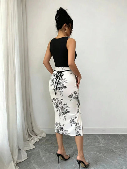 Elenzga Women's Black Floral High Slit Scoop Neck Sleeveless Dress Birthday Party Summer Sexy Elegant