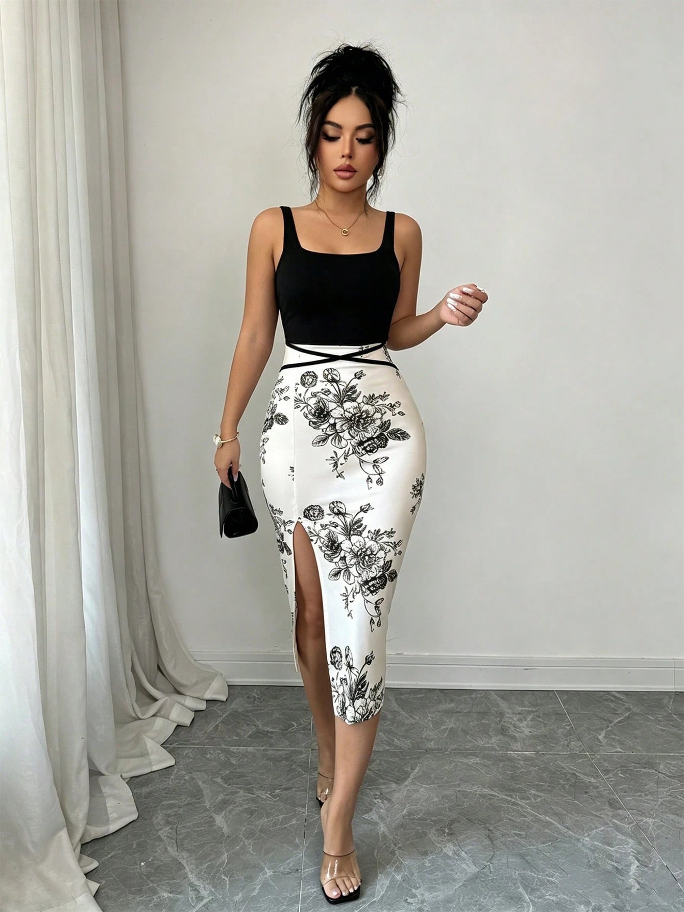Elenzga Women's Black Floral High Slit Scoop Neck Sleeveless Dress Birthday Party Summer Sexy Elegant