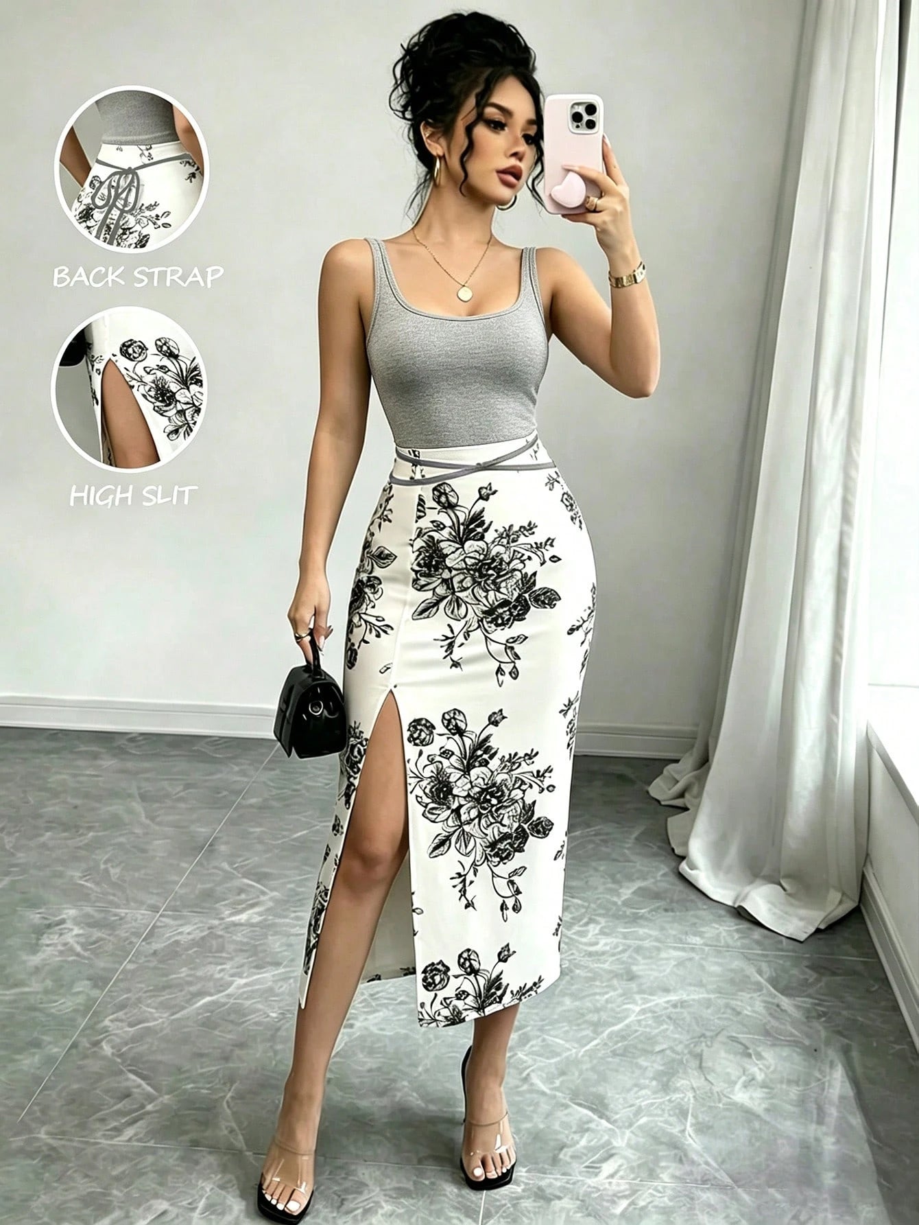 Elenzga Women's Black Floral High Slit Scoop Neck Sleeveless Dress Birthday Party Summer Sexy Elegant