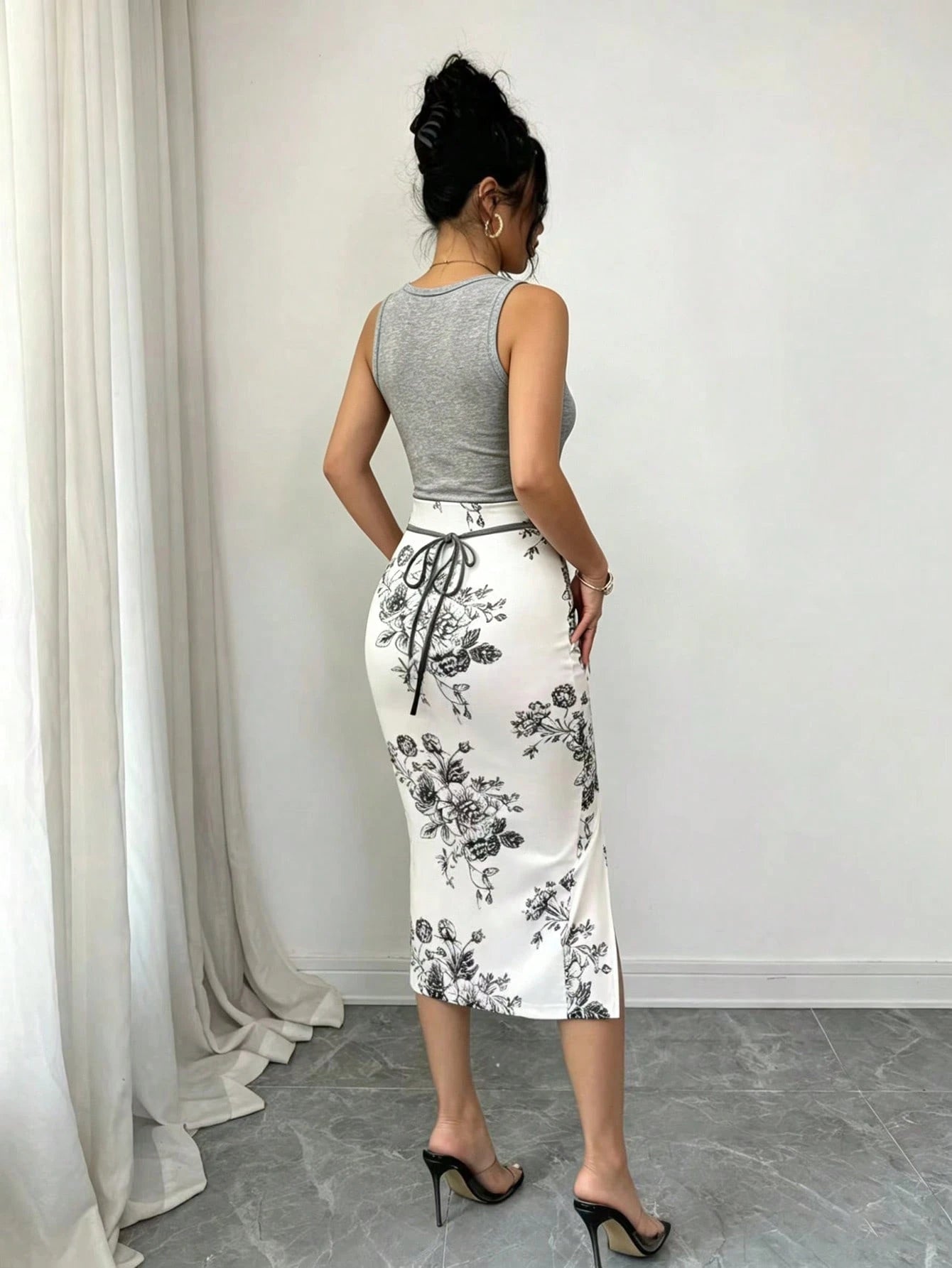 Elenzga Women's Black Floral High Slit Scoop Neck Sleeveless Dress Birthday Party Summer Sexy Elegant