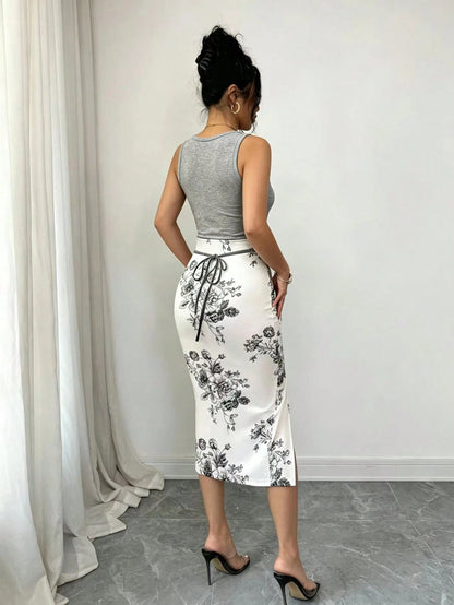 Elenzga Women's Black Floral High Slit Scoop Neck Sleeveless Dress Birthday Party Summer Sexy Elegant