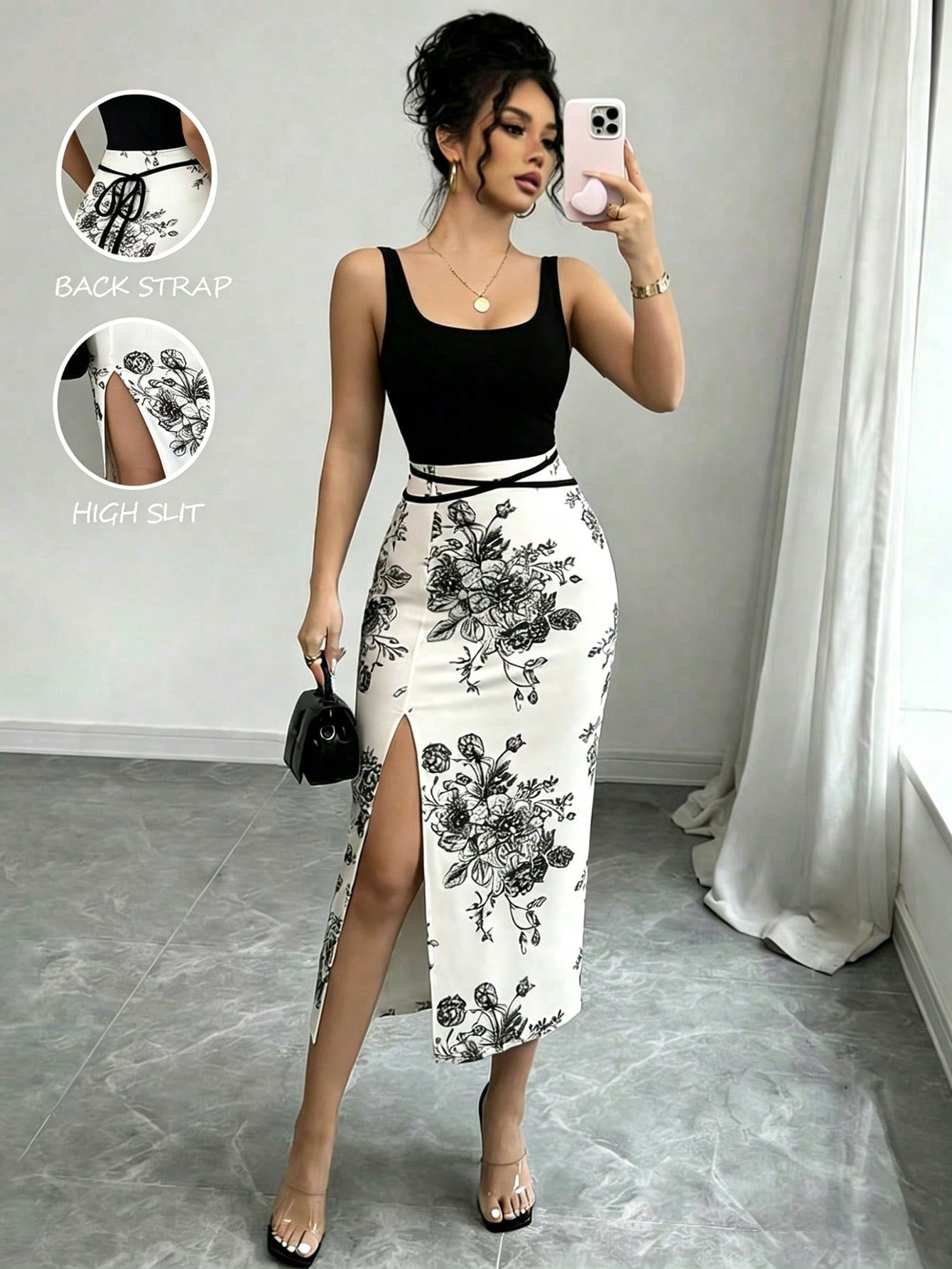 Elenzga Women's Black Floral High Slit Scoop Neck Sleeveless Dress Birthday Party Summer Sexy Elegant