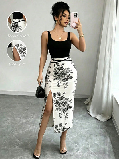 Elenzga Women's Black Floral High Slit Scoop Neck Sleeveless Dress Birthday Party Summer Sexy Elegant