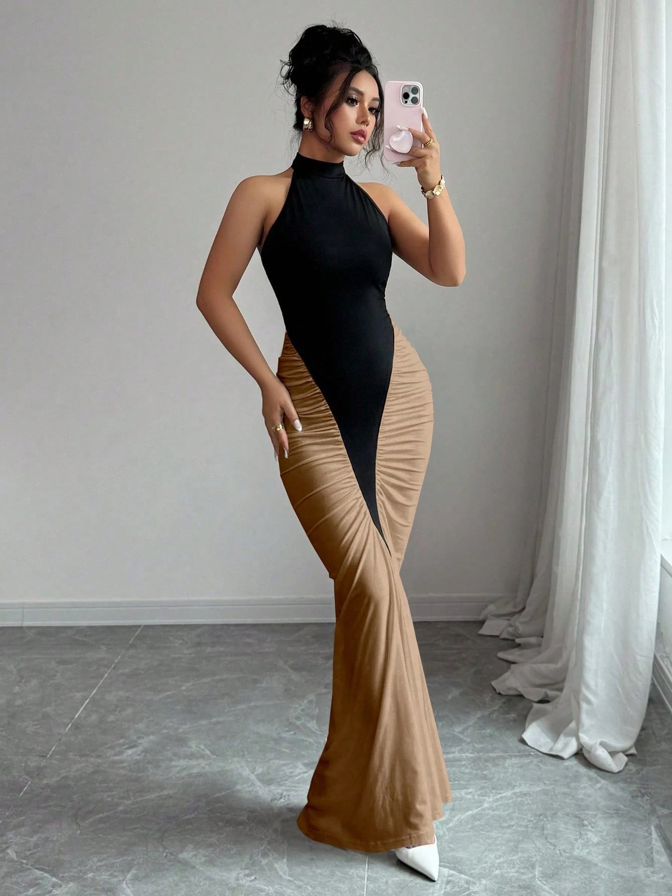 Elenzga Women's Black & White Color Block Halter Neck Cinched Waist Fishtail Hem Elegant Dress, Suitable For Commute And Daily Wear