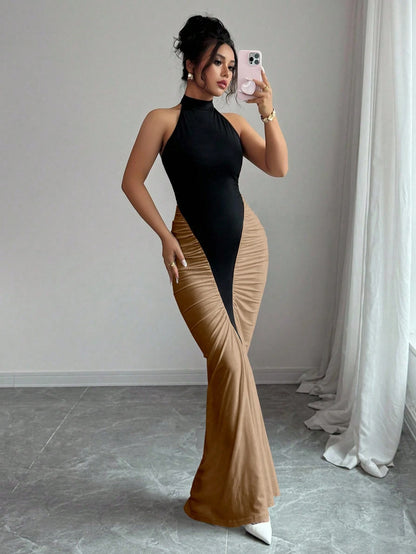 Elenzga Women's Black & White Color Block Halter Neck Cinched Waist Fishtail Hem Elegant Dress, Suitable For Commute And Daily Wear