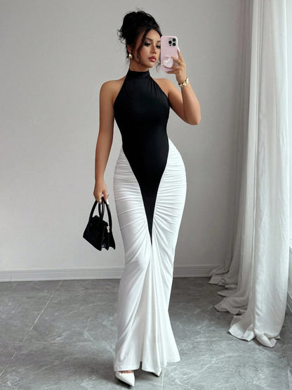 Elenzga Women's Black & White Color Block Halter Neck Cinched Waist Fishtail Hem Elegant Dress, Suitable For Commute And Daily Wear