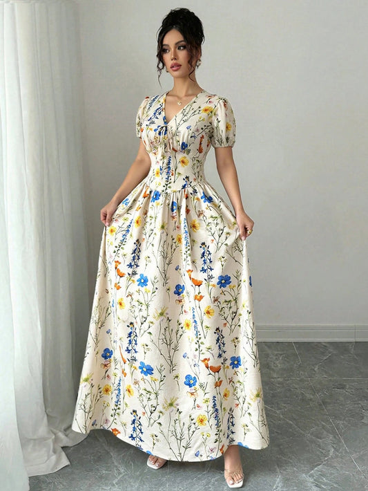 Elenzga Women's Elegant Cream Summer Cottage Core Flowy Holiday Tea Party Maxi Dress,Elastic Waist Puffed Sleeve Floral Long Dress For Concert Music Festival