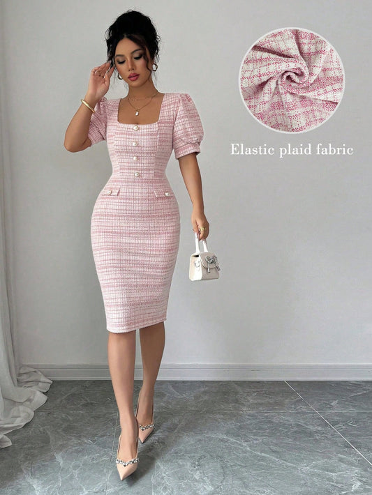 Elenzga Women's Elegant Romantic Puff Sleeve Boat Neck Waisted Form-Fitting Mini Dress